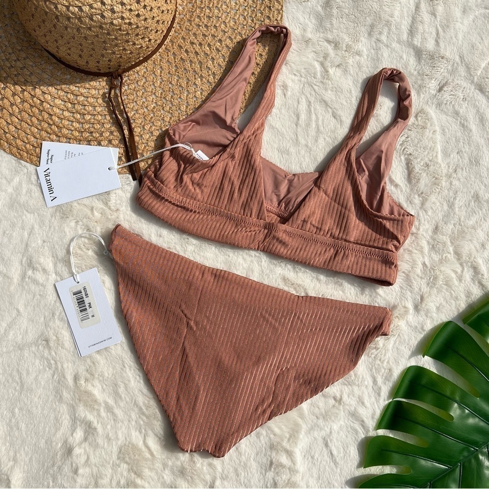 Vitamin A Ribbed Pink Sands Shimmer Bikini NWT M Sienna Scoop Top Midori Bottom - Picture 4 of 8